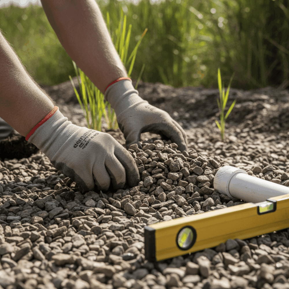 Gros plan sur la pose d'un massif filtrant en gravier autour de jeunes roseaux lors de travaux d'assainissement
