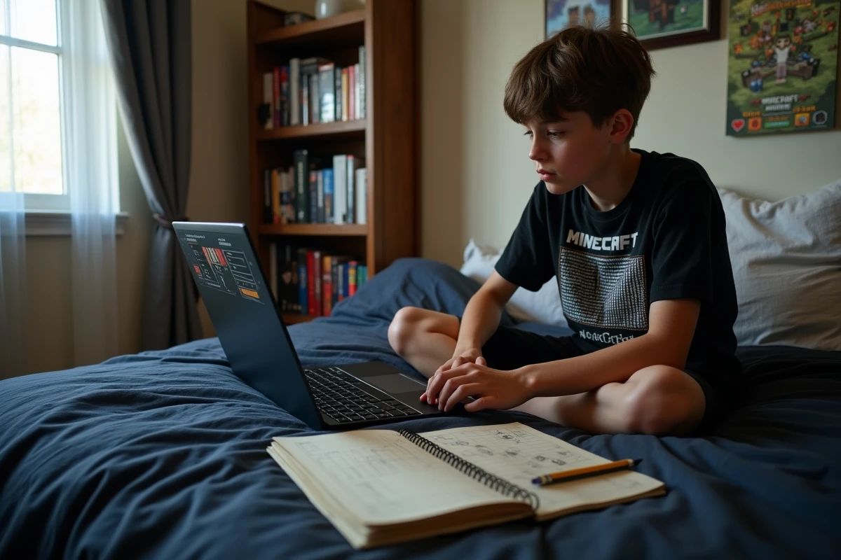 Adolescent jouant à Minecraft hardcore sur laptop dans sa chambre avec carnet de techniques de craft manuscrit