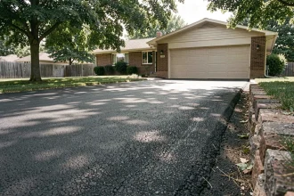 Allée de maison en enrobé bitumineux neuf menant du portail d'entrée au garage, vue grand angle depuis la rue