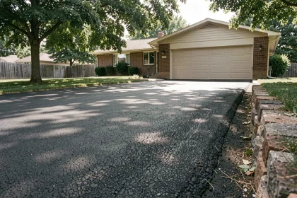 Allée de maison en enrobé bitumineux neuf menant du portail d'entrée au garage, vue grand angle depuis la rue