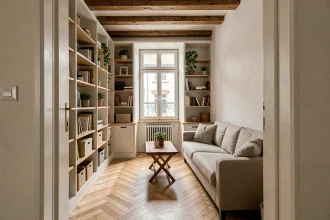 Salon compact à Strasbourg avec étagères intégrées en chêne et parquet en chevrons optimisant chaque mètre carré