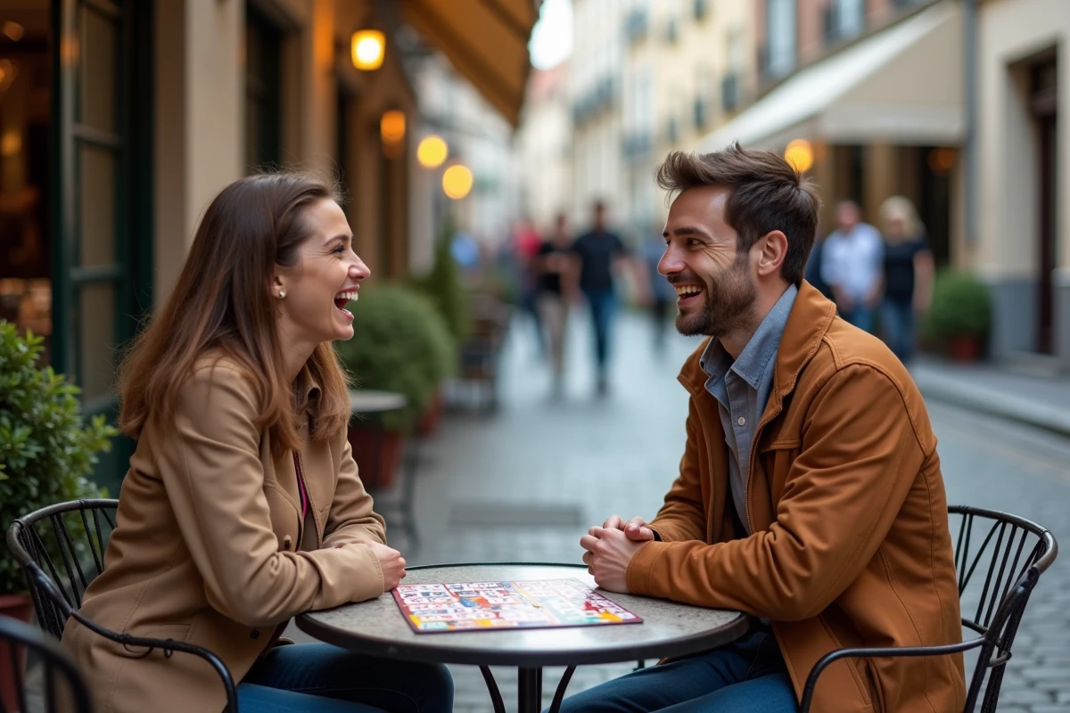 Deux amis jouant à un jeu de mots en terrasse de café avec des mots originaux commençant par M