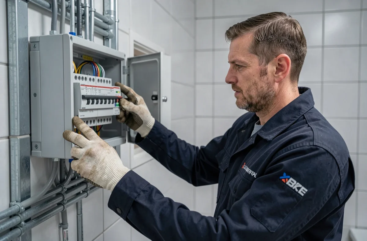 Électricien d'Andelec Laclau installant un tableau de distribution électrique dans une maison rénovée des Landes