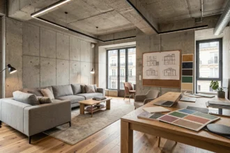Vue d'ensemble d'un espace de travail d'architecte d'intérieur en Seine-Saint-Denis avec moodboard, matériaux et mobilier contemporain
