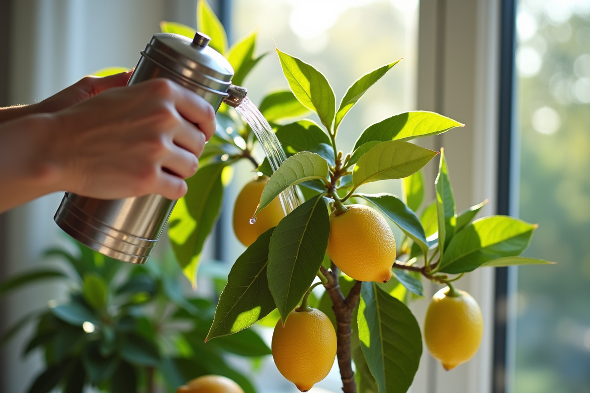 Main arrosant un citronnier intérieur avec feuilles vertes et citrons