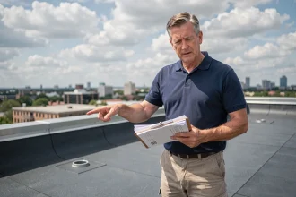 Artisan couvreur tenant un devis sur un toit terrasse en membrane EPDM avec vue sur une ville en arrière-plan