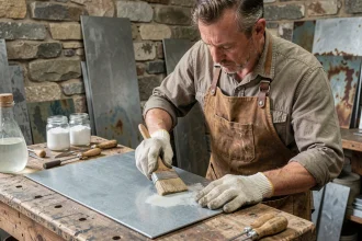 Artisan appliquant une solution naturelle de patine sur une feuille de zinc dans un atelier avec des outils et des bocaux de produits naturels