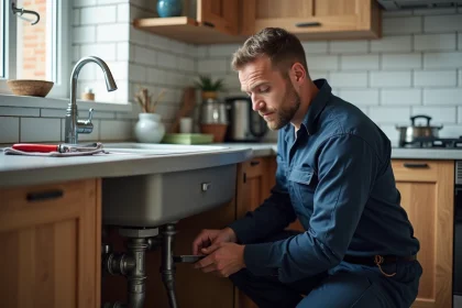 Plombier professionnel en uniforme bleu inspectant des canalisations sous un évier dans une cuisine moderne