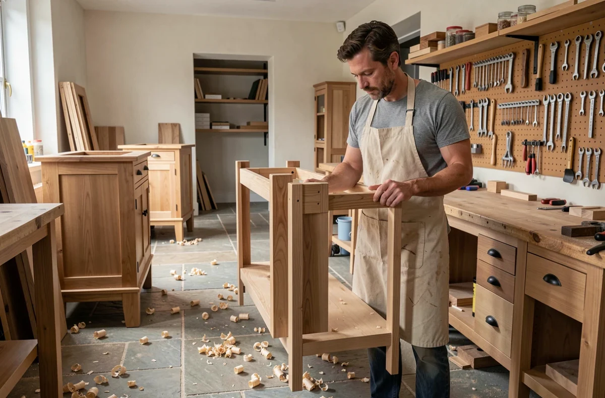 Atelier Arpège Créations, espace de création sur mesure avec artisan au travail sur une pièce de mobilier design