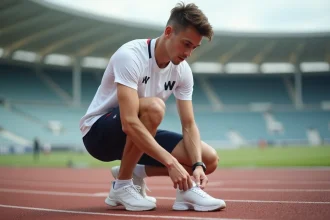 Jeune athlète ajustant ses chaussures de course sur piste