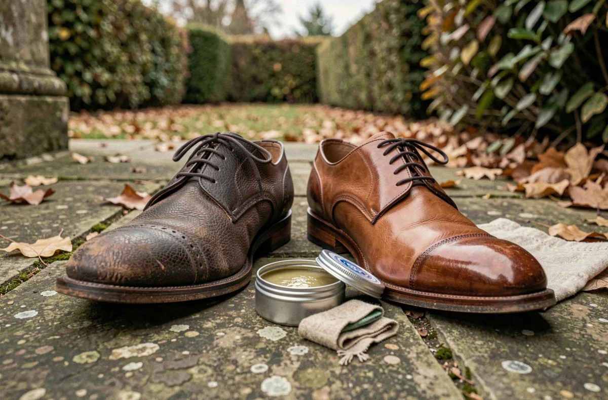 Avant-après du traitement de chaussures en cuir avec graisse et cirage posées sur des pavés en pierre à l'extérieur en automne