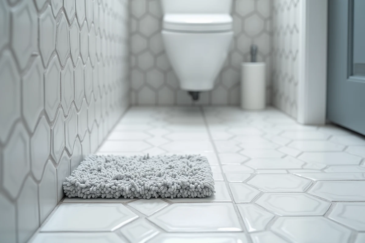 Balai lave-sols à plat posé contre le mur d'une petite salle de bain avec carrelage hexagonal blanc