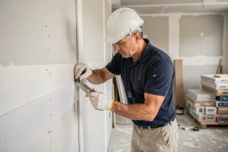 Ouvrier appliquant une bande armée placo sur un joint de plaque de plâtre dans un chantier neuf