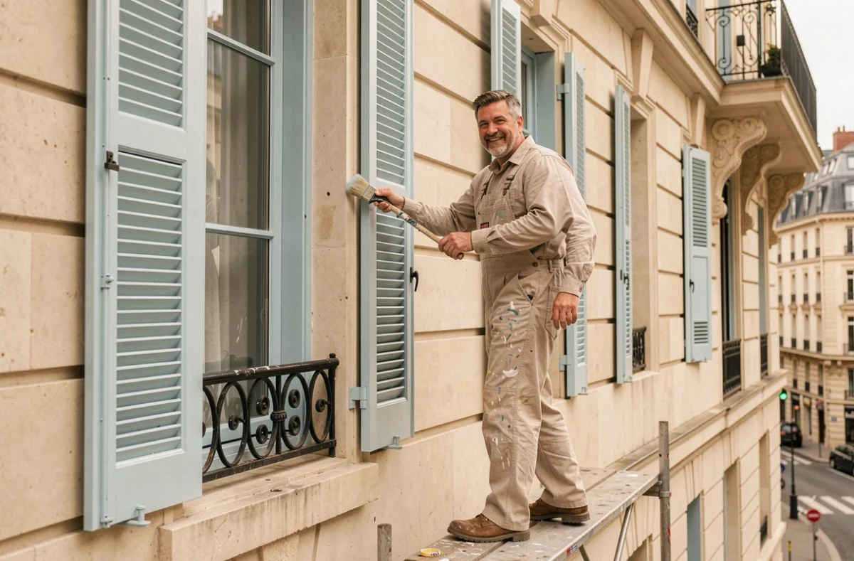 Artisan de Bleu Azur Services peignant un volet en bois bleu azur sur une façade haussmannienne à Paris