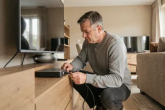 Homme branchant un câble Ethernet sur un décodeur TV dans un salon moderne pour connecter deux téléviseurs