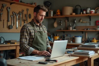 Bricoleur consultant le site BricolageEtTravaux.fr sur un ordinateur portable dans un atelier de travaux manuels