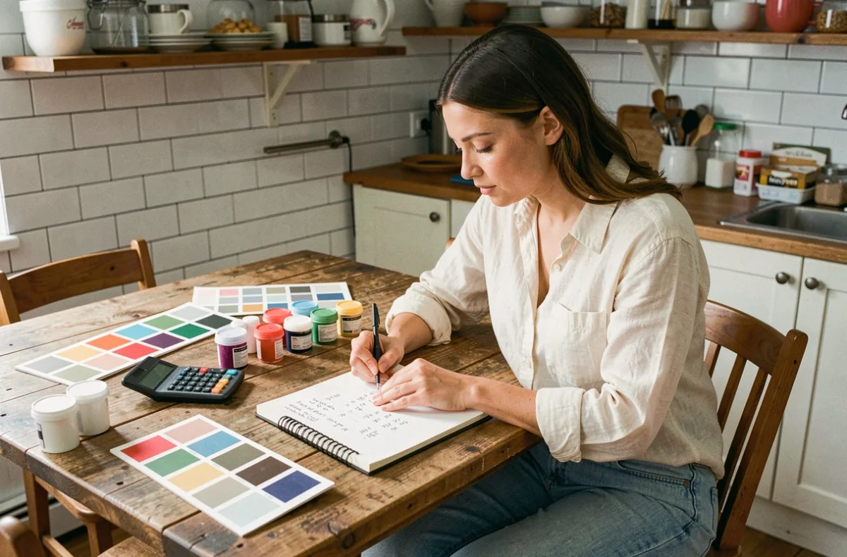 Femme calculant le budget de peinture pour murs et plafonds avec des échantillons de couleurs et une calculatrice sur une table en bois