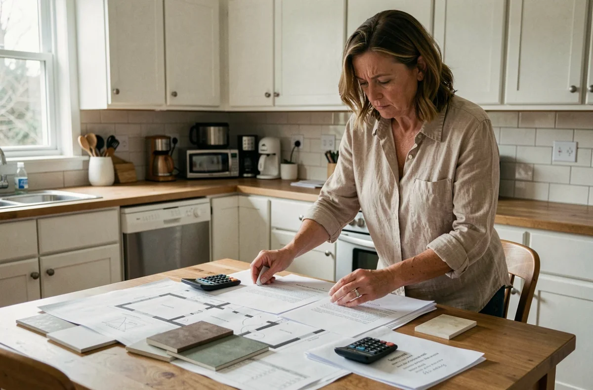 Propriétaire étudiant des plans et devis de carrelage étalés sur une table, calculatrice et échantillons de carreaux visibles