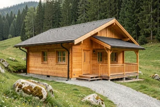 Chalet en bois habitable de 80m2 livré monté, vue extérieure dans un cadre naturel verdoyant avec terrasse couverte et cladding en bois naturel