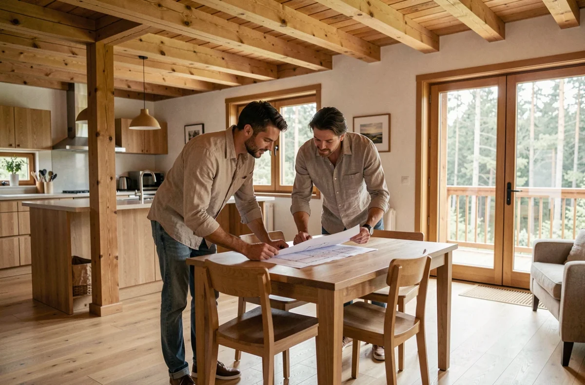 Intérieur d'un chalet en bois habitable 80m2 avec couple consultant des plans, salon cuisine ouvert avec poutres apparentes et parquet chêne