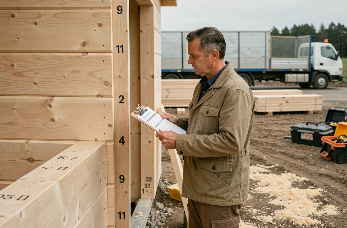 Professionnel vérifiant la livraison et le montage d'un chalet en bois préfabriqué 80m2 sur chantier avec panneau structurel et bon de livraison