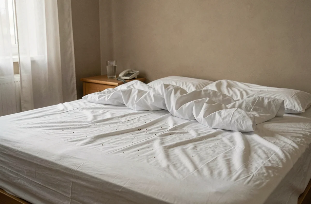 Vue large d'un lit défait dans une chambre ordinaire avec draps froissés évoquant la présence d'insectes