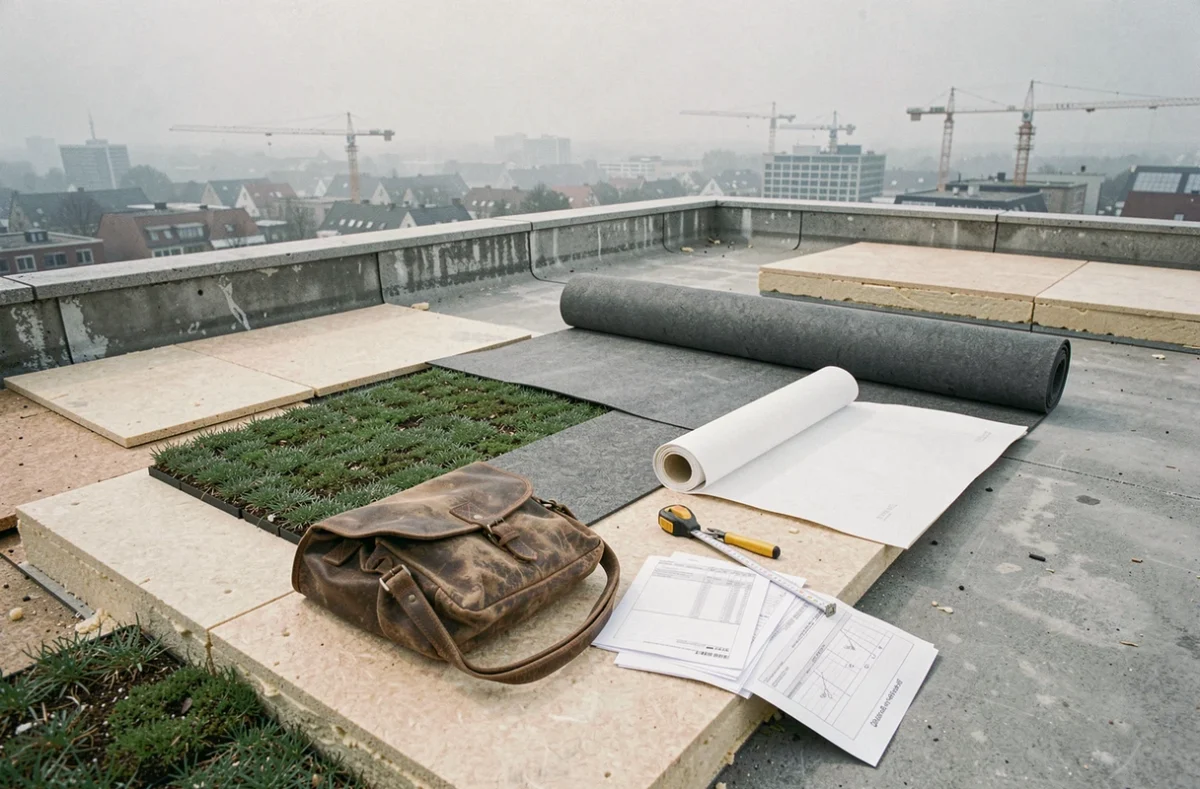 Vue d'un chantier de toit terrasse avec échantillons de matériaux et devis posés sur la surface de toiture