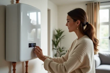 Femme réglant le thermostat d'une chaudière électrique murale dans un appartement moderne au design scandinave