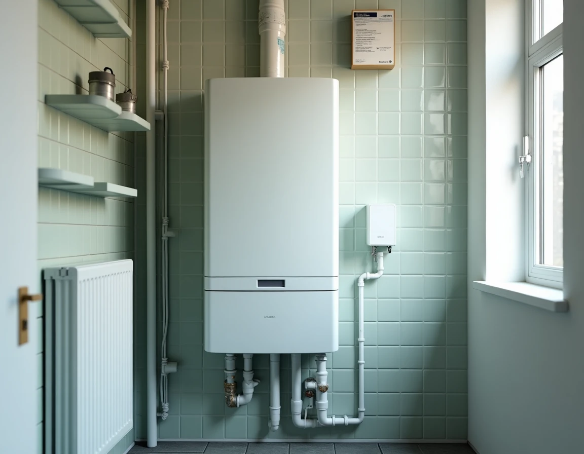 Chaudière électrique compacte installée dans une chaufferie d'appartement avec tuyaux de chauffage central et carrelage blanc