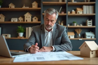 Chef projet en blazer examine plans de renovation dans bureau