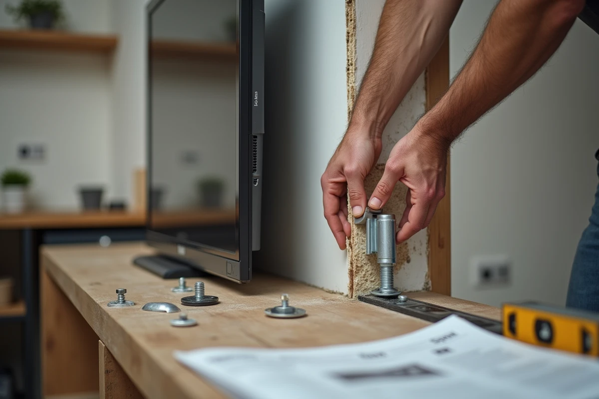 Gros plan sur l'installation d'une cheville pour cloison sèche afin de supporter le poids d'une TV