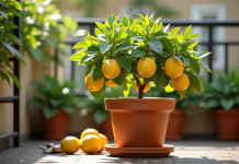 Arbre à citron en pot sur balcon ensoleille avec citrons mûrs