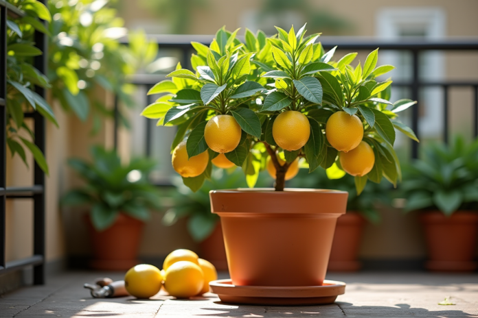 Arbre à citron en pot sur balcon ensoleille avec citrons mûrs