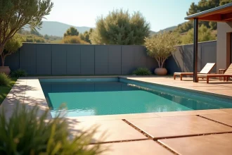 Clôture de piscine en Terrasto gris pierre entourant une piscine rectangulaire dans un jardin moderne avec terrasse en bois et gazon soigné