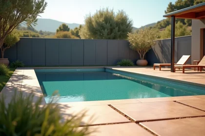 Clôture de piscine en Terrasto gris pierre entourant une piscine rectangulaire dans un jardin moderne avec terrasse en bois et gazon soigné