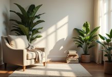 Coin salon moderne avec fauteuil et plantes vertes