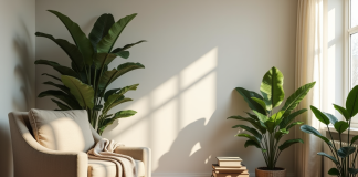 Coin salon moderne avec fauteuil et plantes vertes