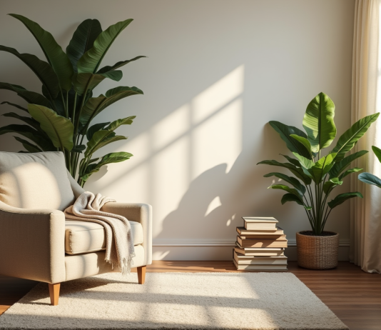Coin salon moderne avec fauteuil et plantes vertes