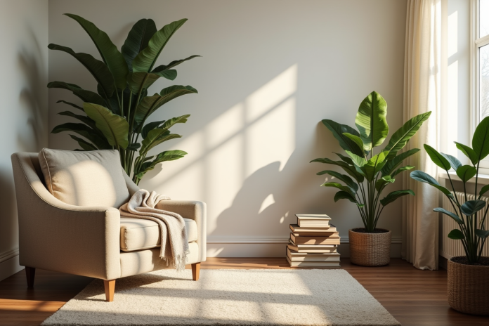 Coin salon moderne avec fauteuil et plantes vertes