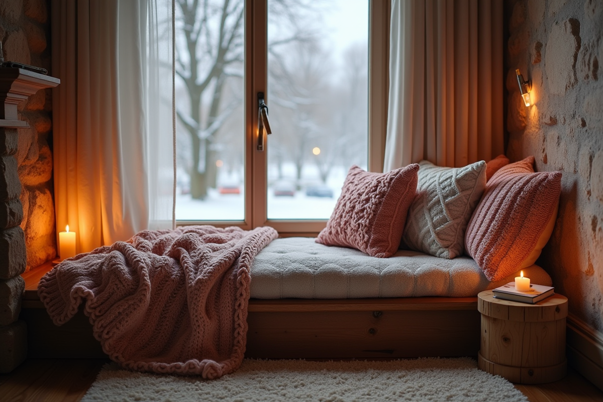 Coin lecture scandinave avec banquette et vue enneigee