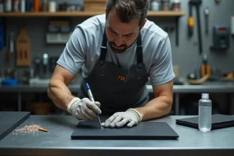 Technicien appliquant de la colle transparente sur une surface métallique pour coller une plaque en plastique rigide sans bavure