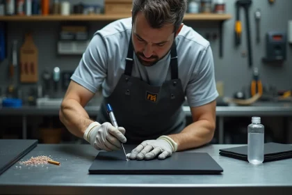 Technicien appliquant de la colle transparente sur une surface métallique pour coller une plaque en plastique rigide sans bavure