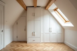 Combles aménagés avec meuble sur mesure adapté à la pente du toit et plancher en parquet chêne clair