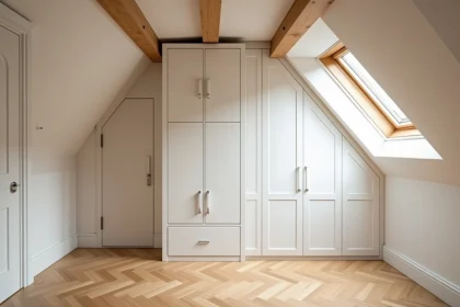 Combles aménagés avec meuble sur mesure adapté à la pente du toit et plancher en parquet chêne clair