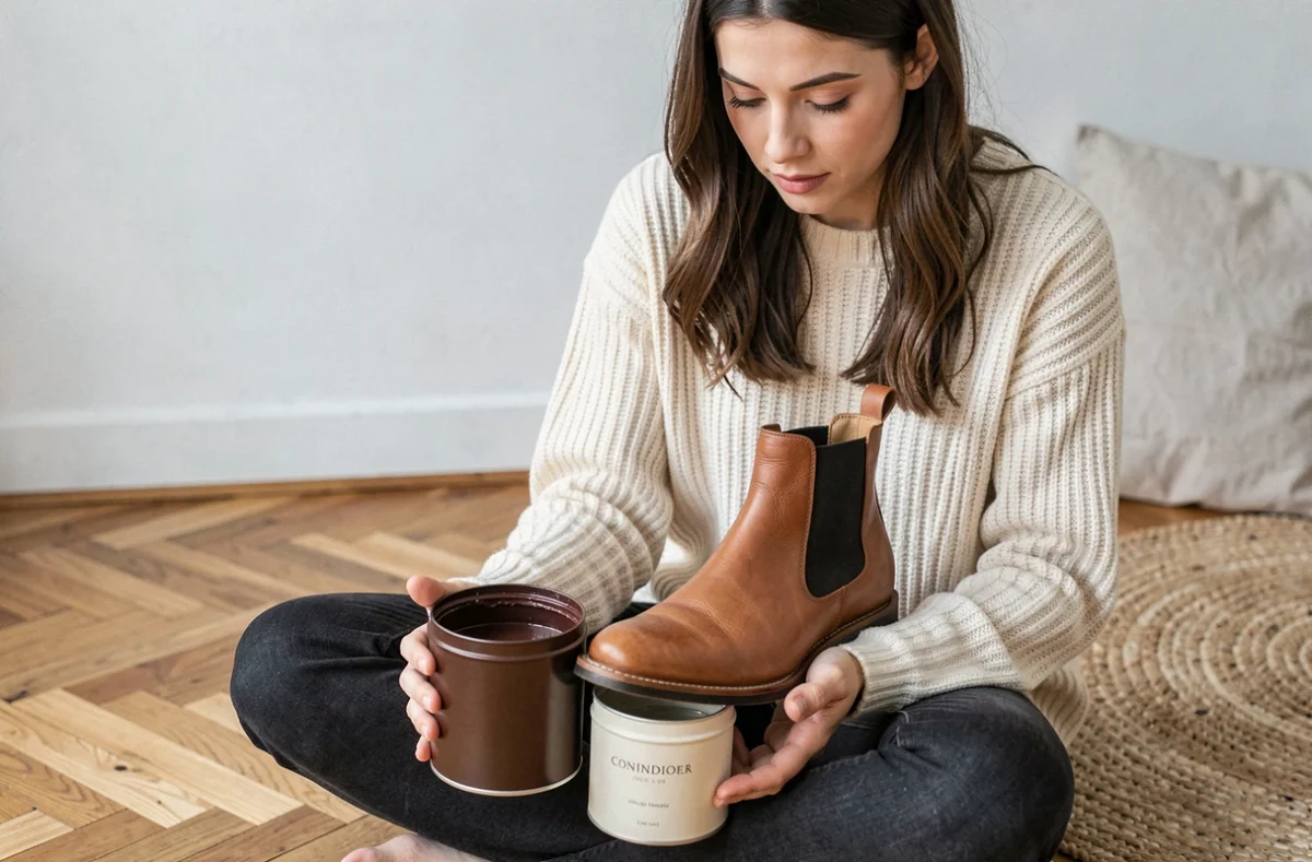 Jeune femme comparant un pot de graisse et un cirage pour chaussure en cuir dans un appartement minimaliste