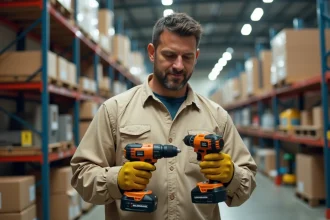 Homme comparant deux perceuses dans un magasin de bricolage pour choisir le meilleur matériel de travaux