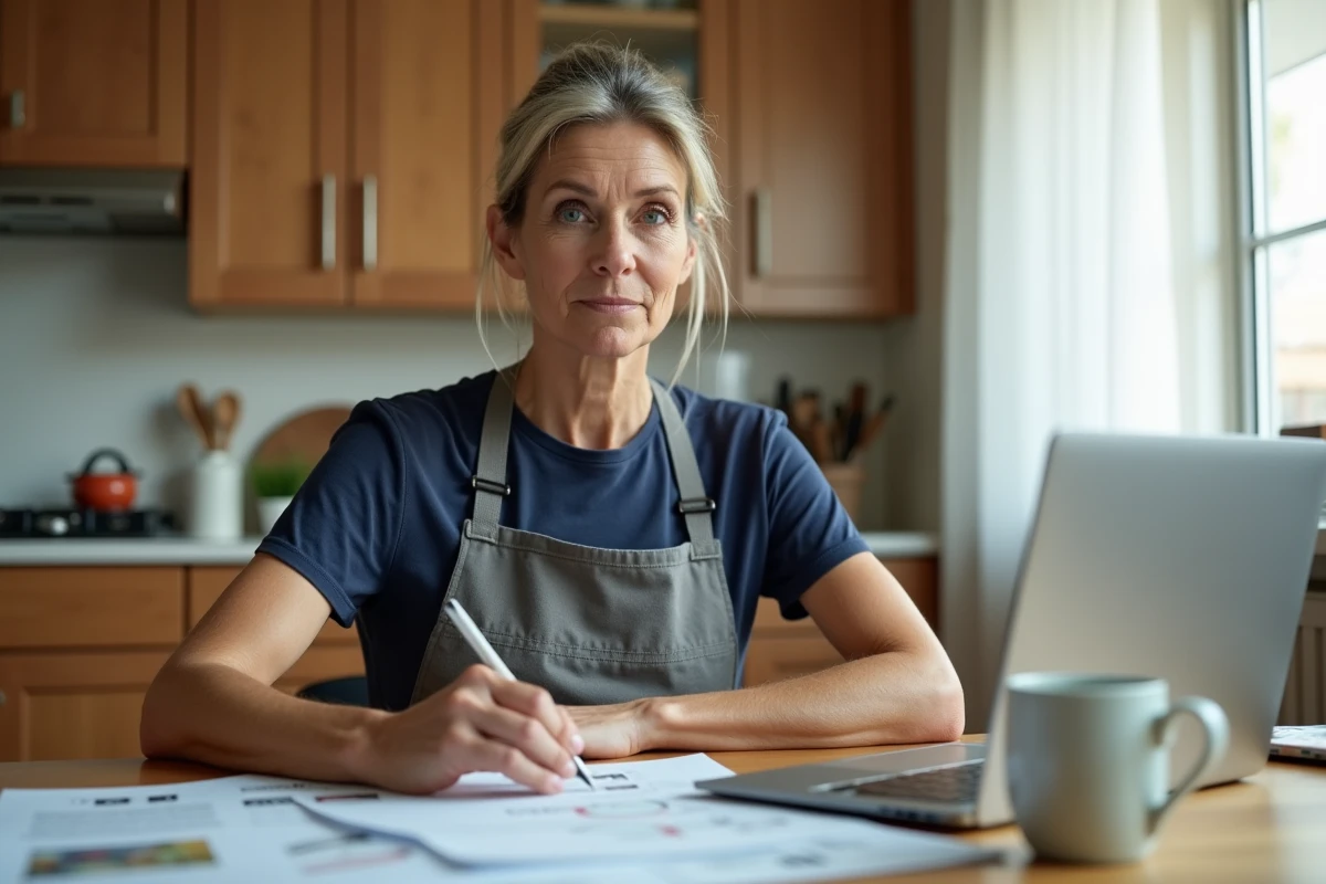 Femme comparant les prix du matériel de travaux en ligne et en magasin depuis sa cuisine