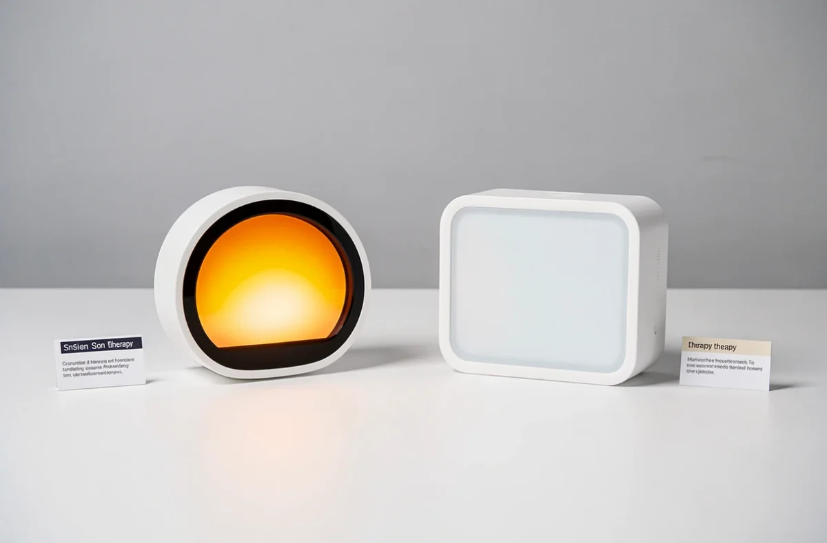 Comparaison côte à côte d'un réveil simulateur d'aube et d'un appareil de luminothérapie sur fond blanc