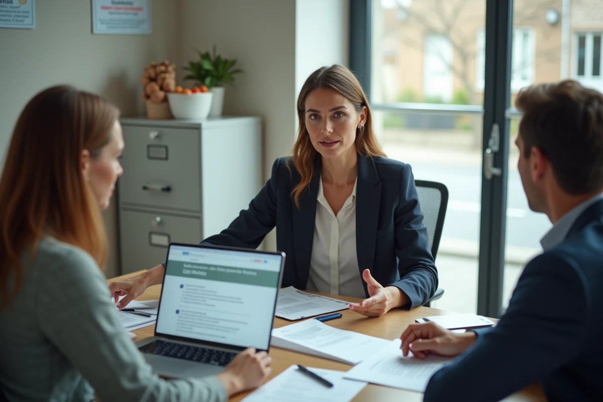 Conseillère juridique aidant un couple de particuliers à comprendre leurs recours face à un litige avec une entreprise de rénovation énergétique