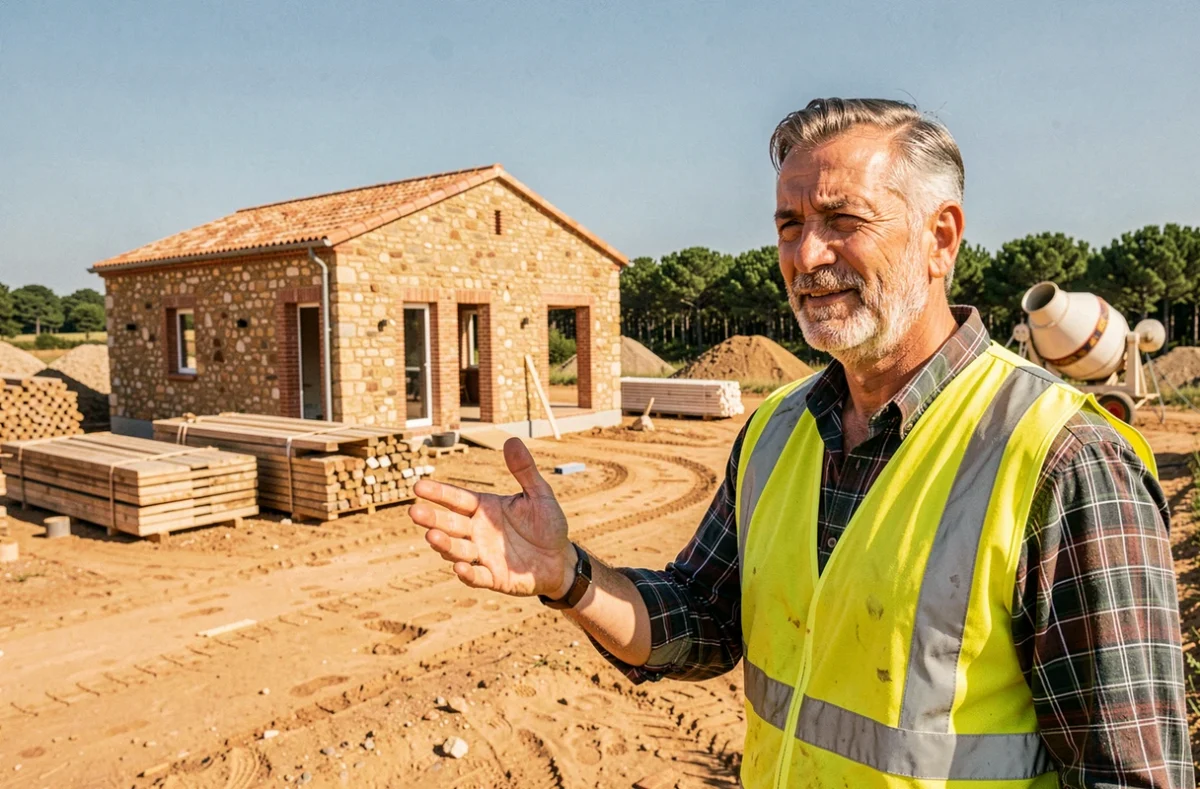 Responsable de chantier des Constructions Robert Cassagne supervisant une structure en pierre et briques dans les Landes
